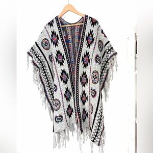 Boho Poncho Sweater with Fringe Trim – One Size